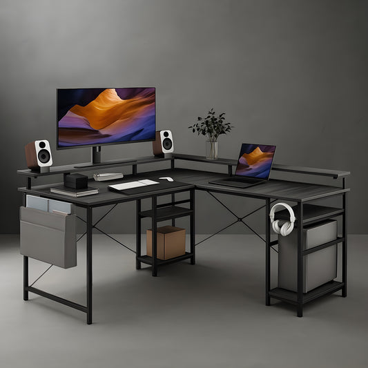 Bureau en L avec Rangement Gris | Desk-Elite