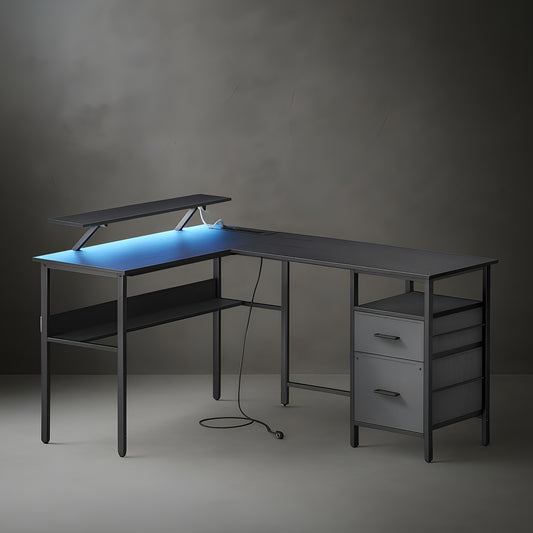 Grand Bureau d’Angle avec Rangement Noir | Desk-Elite